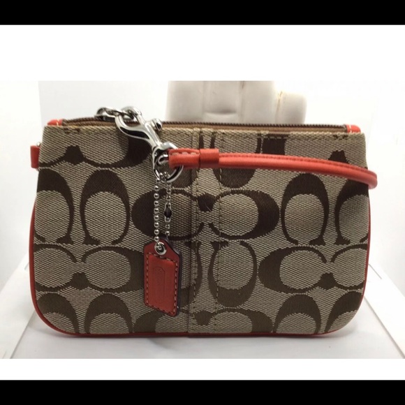 Coach F42391 Signature Jacquard Leather Wallet Wristlet Khaki Geranium - Picture 2 of 4